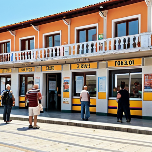 **

Montenegro bus station, old building, people buying tickets, luggage visible, schedule board, sunny day.

**