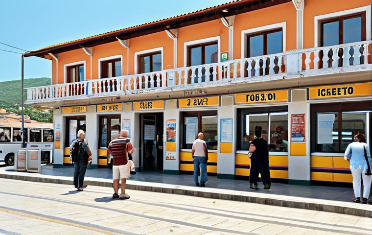 **

Montenegro bus station, old building, people buying tickets, luggage visible, schedule board, sunny day.

**