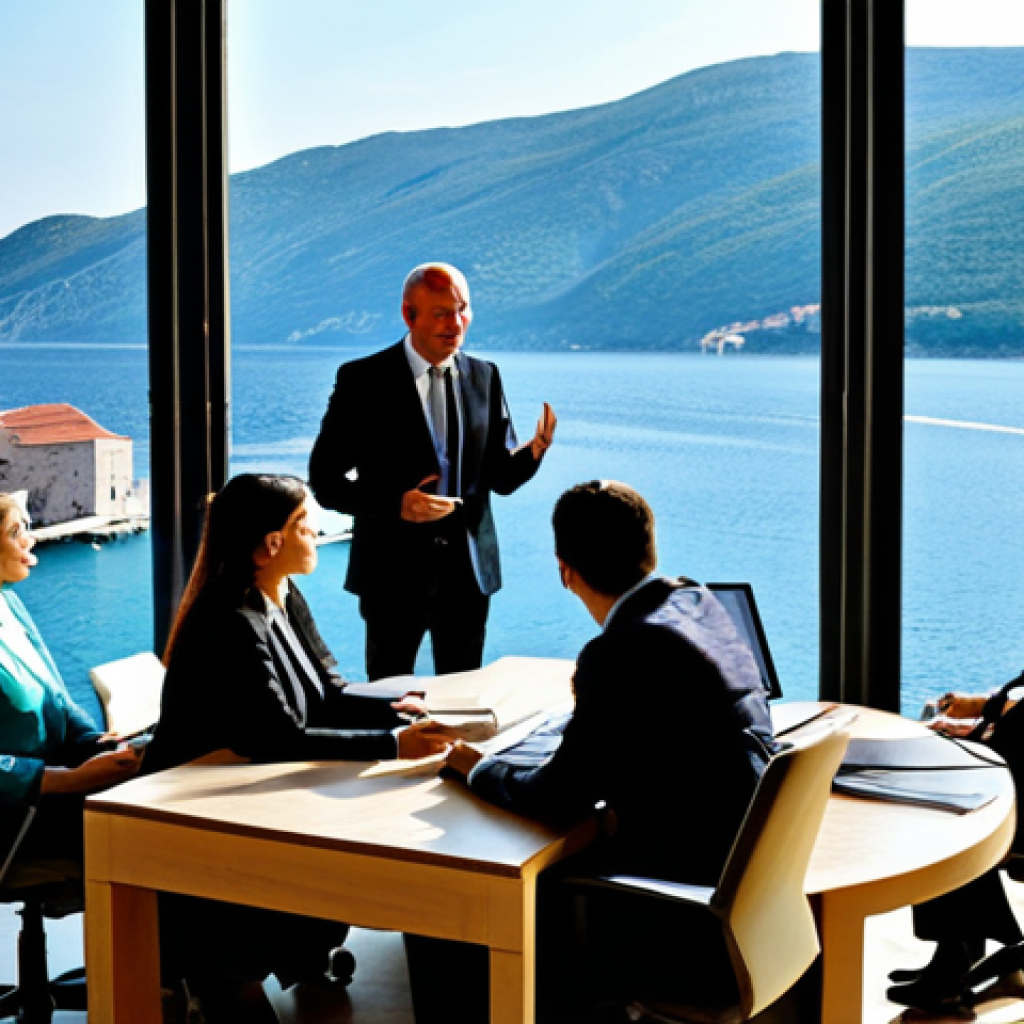 A diverse group of adult professionals, fully clothed in modest business attire, gathered around a large, sleek conference table in a sunlit modern office. Through a expansive window in the background, a panoramic view blends the historical stone architecture of a vibrant Croatian coastal city with the dramatic, verdant mountains and tranquil, fjord-like waters of a Montenegrin bay. The scene conveys a sense of peaceful collaboration and shared vision, with participants engaging in a focused discussion. Safe for work, appropriate content, fully clothed, professional dress, perfect anatomy, correct proportions, natural pose, well-formed hands, proper finger count, natural body proportions, high quality, professional photography.
