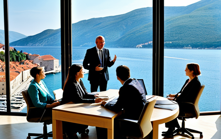 A diverse group of adult professionals, fully clothed in modest business attire, gathered around a large, sleek conference table in a sunlit modern office. Through a expansive window in the background, a panoramic view blends the historical stone architecture of a vibrant Croatian coastal city with the dramatic, verdant mountains and tranquil, fjord-like waters of a Montenegrin bay. The scene conveys a sense of peaceful collaboration and shared vision, with participants engaging in a focused discussion. Safe for work, appropriate content, fully clothed, professional dress, perfect anatomy, correct proportions, natural pose, well-formed hands, proper finger count, natural body proportions, high quality, professional photography.