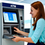 A professional female traveler, fully clothed in a modest business casual outfit, stands with a look of pleasant surprise as she withdraws Euro currency from a modern ATM inside a clean, well-lit airport terminal in Podgorica, Montenegro. Her travel backpack is neatly placed beside her. The scene conveys the unexpected ease and convenience of currency in a non-EU country. Perfect anatomy, correct proportions, natural pose, well-formed hands, proper finger count, natural body proportions. Appropriate attire, professional dress, safe for work, appropriate content, professional, family-friendly, high quality, professional photography, natural lighting.
