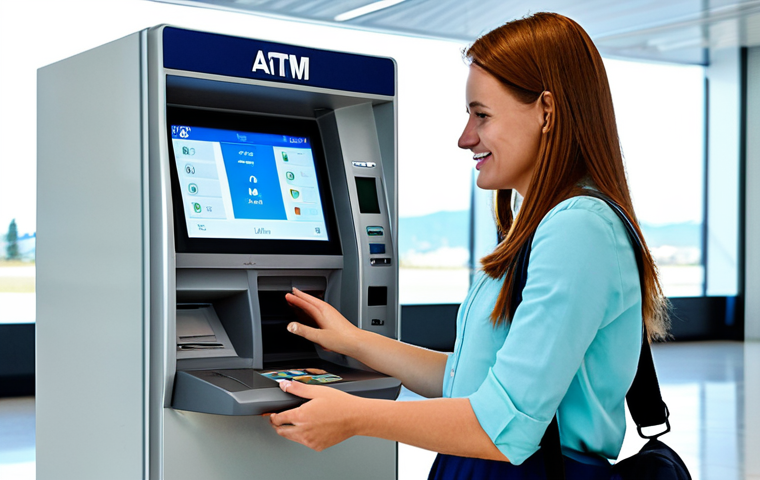 A professional female traveler, fully clothed in a modest business casual outfit, stands with a look of pleasant surprise as she withdraws Euro currency from a modern ATM inside a clean, well-lit airport terminal in Podgorica, Montenegro. Her travel backpack is neatly placed beside her. The scene conveys the unexpected ease and convenience of currency in a non-EU country. Perfect anatomy, correct proportions, natural pose, well-formed hands, proper finger count, natural body proportions. Appropriate attire, professional dress, safe for work, appropriate content, professional, family-friendly, high quality, professional photography, natural lighting.