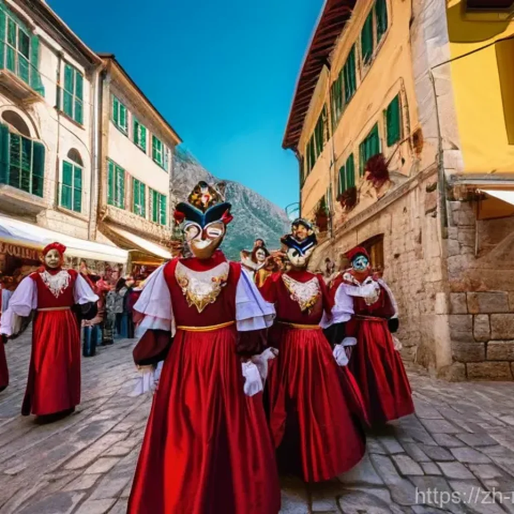 코토르 카니발 - **A Vibrant Kotor Carnival Grand Parade:**
A wide-angle shot of the main street in Kotor's ancie...