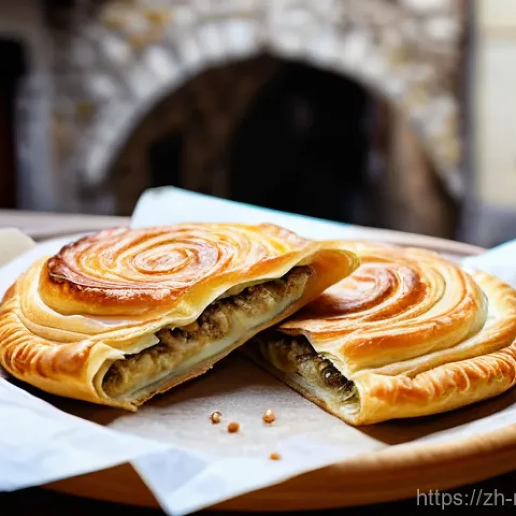 몬테네그로 길거리 음식 문화 - **Montenegrin Burek in Kotor Old Town**
An ultra-realistic, mouth-watering close-up of a freshly...
