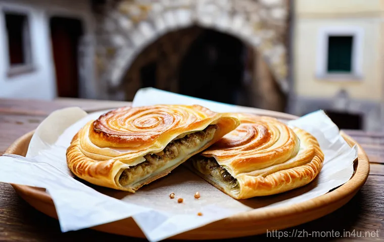 몬테네그로 길거리 음식 문화 - **Montenegrin Burek in Kotor Old Town**
    An ultra-realistic, mouth-watering close-up of a freshly...