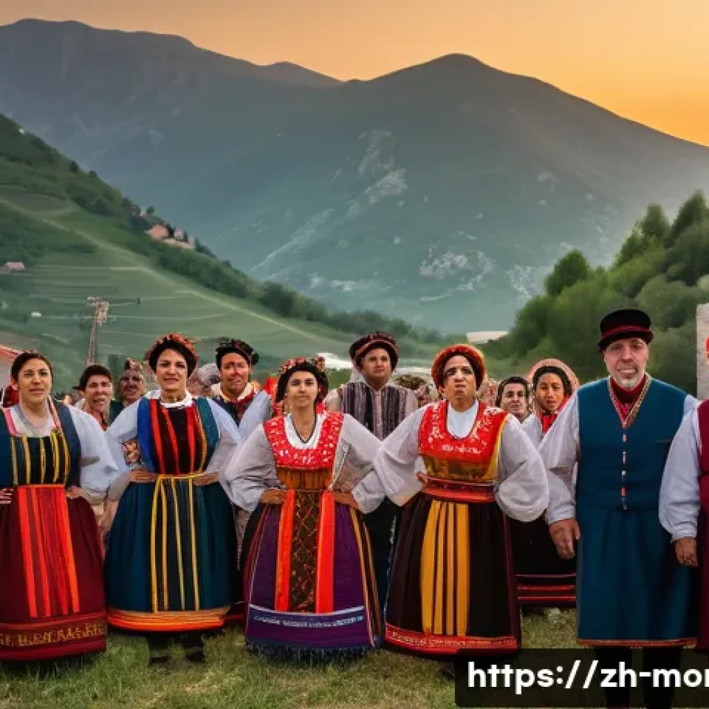 몬테네그로 전통 음악 - A vibrant traditional Montenegrin village festival scene at dusk, featuring men and women in colorfu...