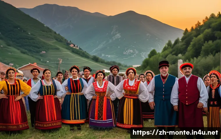 몬테네그로 전통 음악 - A vibrant traditional Montenegrin village festival scene at dusk, featuring men and women in colorfu...