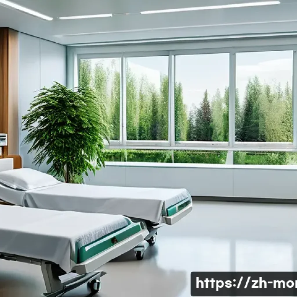 몬테네그로 병원 서비스 - A modern hospital room in Montenegro featuring large windows with abundant natural light, green plan...