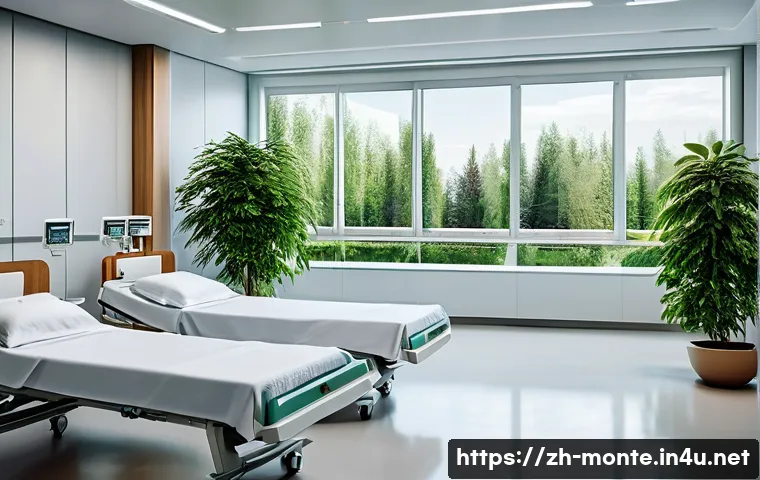 몬테네그로 병원 서비스 - A modern hospital room in Montenegro featuring large windows with abundant natural light, green plan...