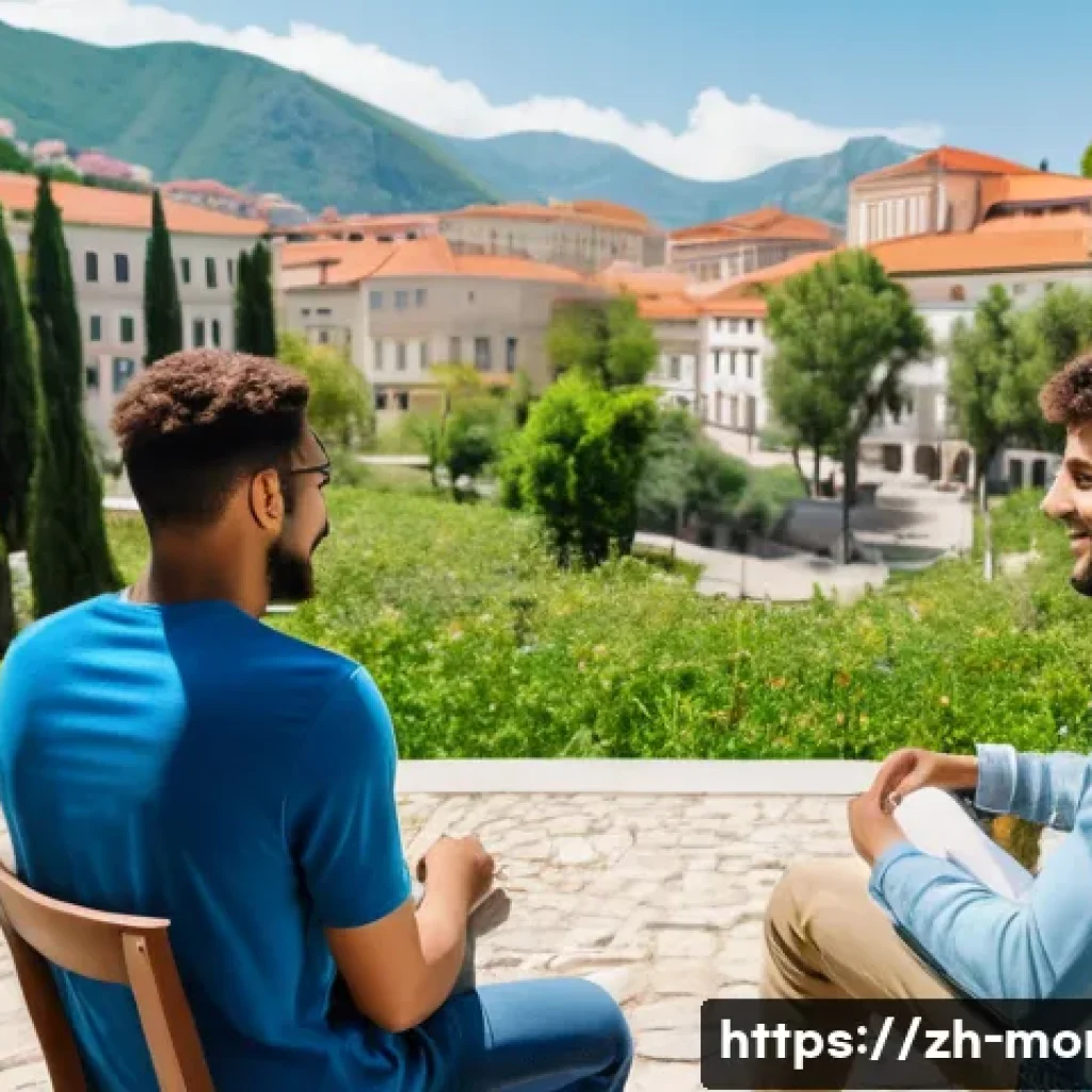 몬테네그로 유학생 비율 - A vibrant university campus scene in Montenegro during springtime, featuring international students ...