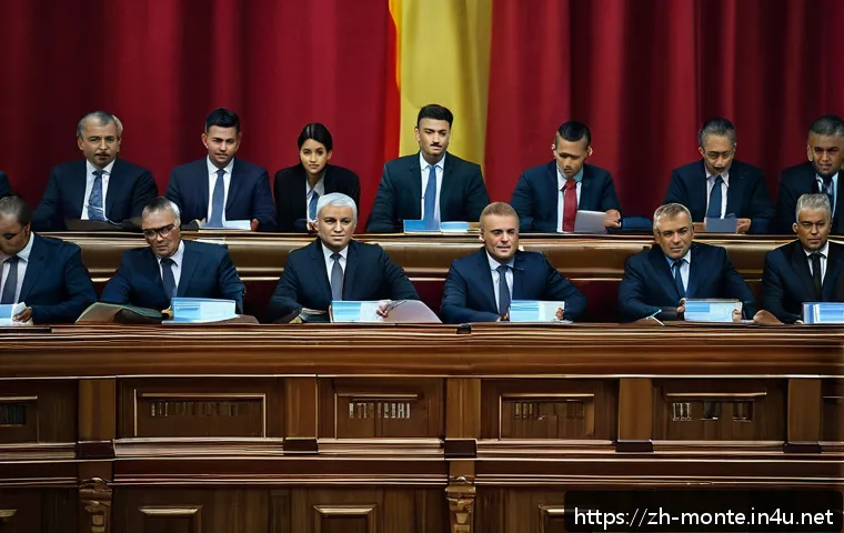 몬테네그로 정치 체제 - A detailed political scene inside Montenegro&rsquo;s parliament building, showcasing a diverse multi-party...