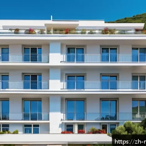 몬테네그로에서 집 구하는 법 - A modern coastal apartment complex in Montenegro during summer, showcasing sleek high-rise buildings...