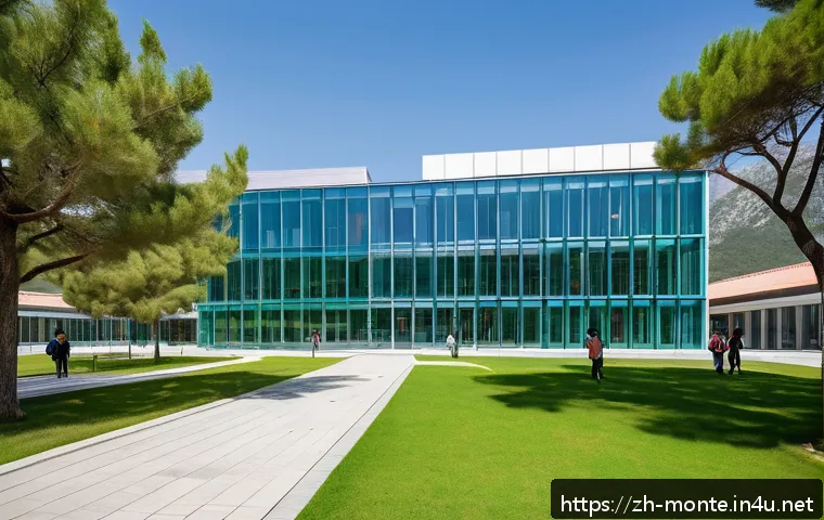몬테네그로 대학 랭킹 - A modern university campus scene at the University of Montenegro, featuring sleek, contemporary acad...