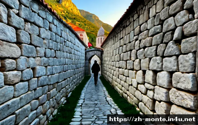 몬테네그로 도보 여행 - Photorealistic solo traveler walking along the ancient stone lanes of Kotor Old Town, Montenegro, sm...